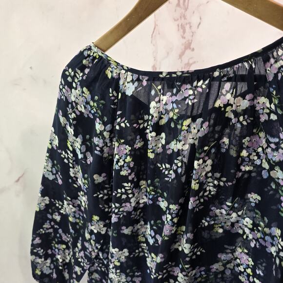 J Jill Shirt Womens Medium Blue Purple Floral Keyhole Blouse Popover Tassel Navy - Picture 6 of 12